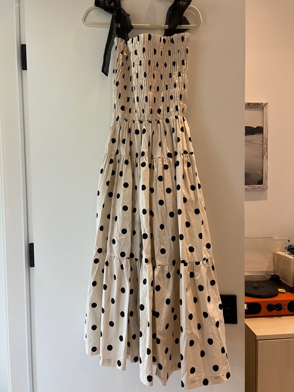 En Saison Polka Dot Tie-Shoulder Midi Dress in Cream and Black size medium NWOT